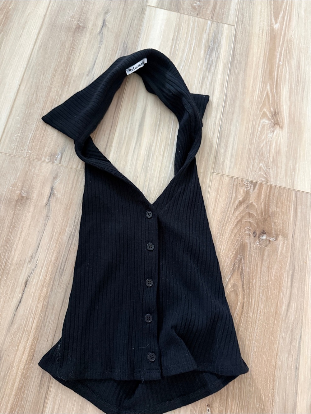 Reformation Ribbed Black Halter Button-Front Top
